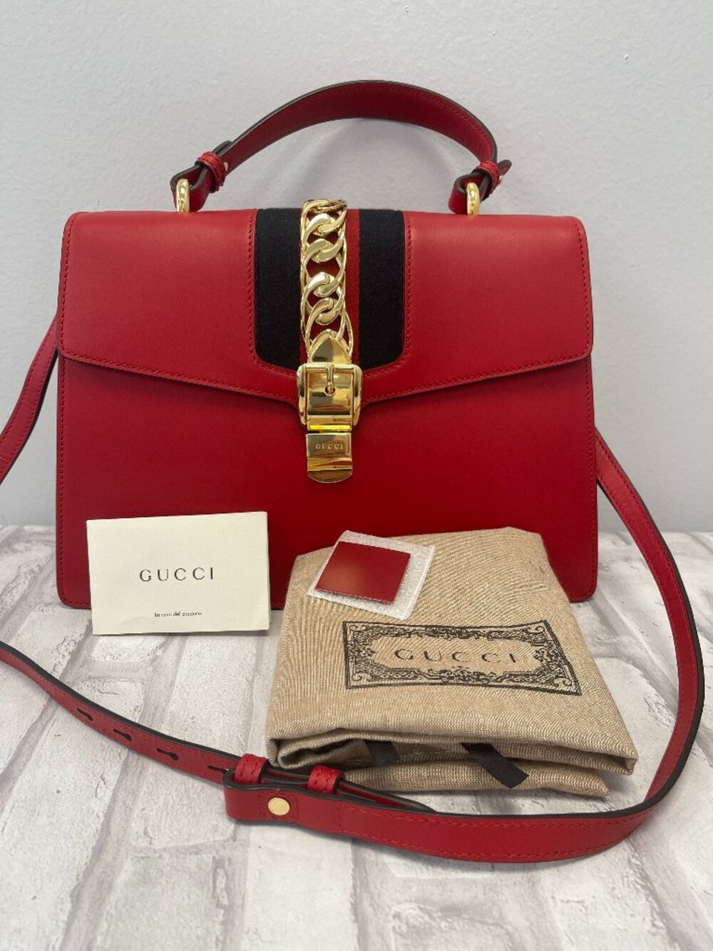 Gucci Sylvie Top Handle Shoulder Bag Leather, Medium in Hibiscus Red - Preowned